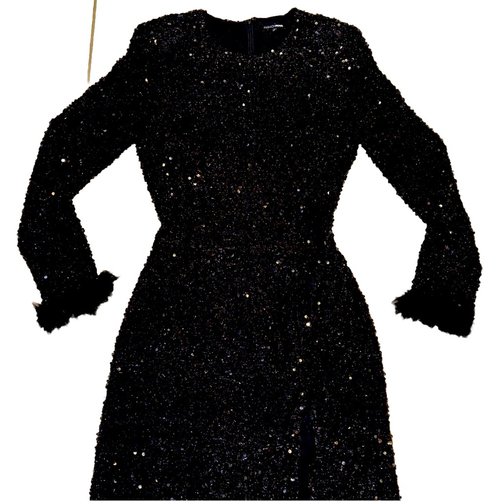 Fashion nova feather sequin leg slit dress